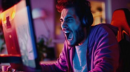 Obraz premium frustrated gamer yelling at screen after online defeat lifestyle photography