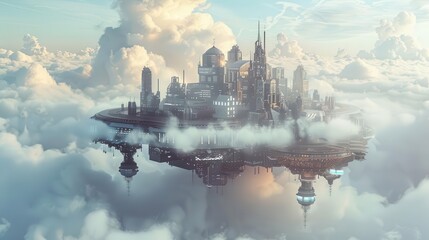 futuristic floating city among clouds in sky utopian aerial cityscape concept illustration