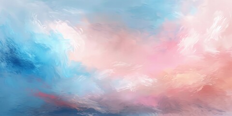 Painting of a sky with blue and pink hues, fluffy clouds, creating a dreamy atmosphere, ideal for artistic backgrounds.