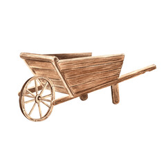 Wooden cart with wheel. Timber barrow for farm. Hand drawn watercolor illustration isolated. Rustic wheelbarrow. Garden equipment for harvest. Clip art for sticker, scrapbooking, invitation, card.