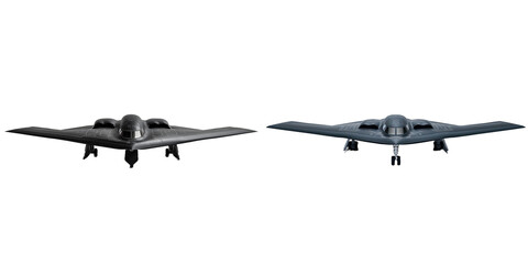 B-2 Spirit stealth bomber isolated on transparent png background. Two black and grey fighter jets are shown side by side