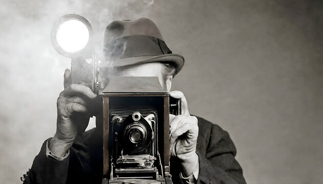 1940's 1930's style portrait of photojournalist. Headshot : Man looking and holding a vintage camera with magnesium flash. Black, White shot of a retro 1940's photographer wearing a Fedora hat