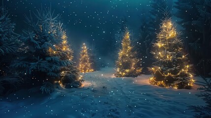 Obraz premium illuminated christmas tree forest with twinkling lights on snowy night festive holiday decorations