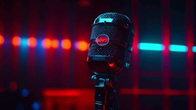 A chrome microphone is in the foreground with a red button, and red and blue neon lights are blurred in the background.
