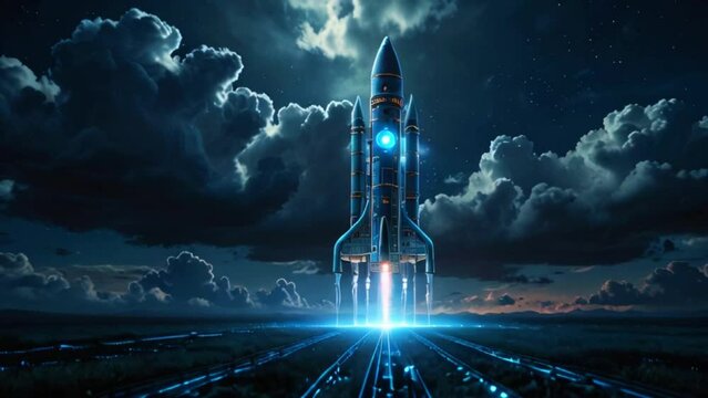 A rocket ship is taking off from a launch pad. The rocket is mostly blue and white and there are clouds and stars in the background.
