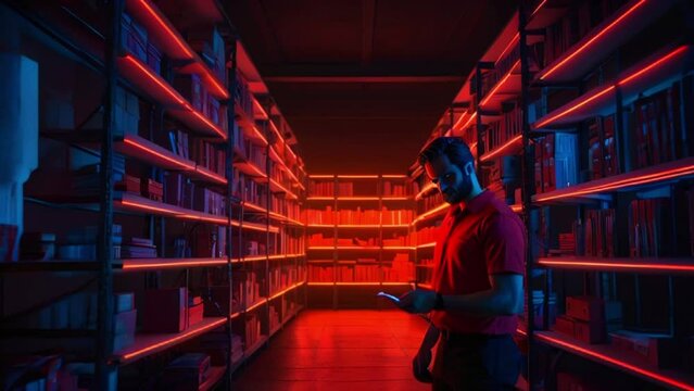 A person wearing a virtual reality headset is standing in a library with red lighting.