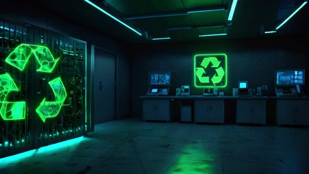 Video a futuristic recycling plant with a large green recycling symbol on the wall. There are computers and other equipment in the plant.