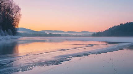 Dawn breaks over a frozen lake, ice reflecting pink and orange hues—a serene start to the day.