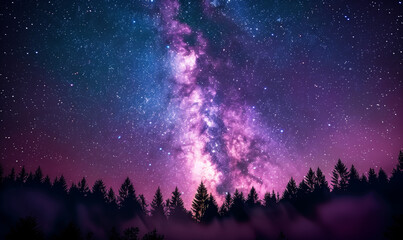 Starry night above the forest showing the milky way, colorful pink purple milky way galaxy background