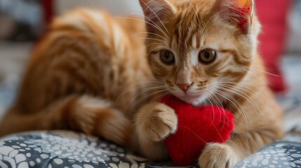 Close-up of a ginger cat with a red heart toy in its paws