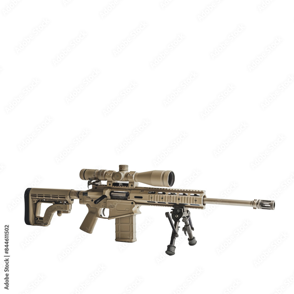 Wall mural sniper rifle isolated on transparent png background. a tan and black rifle with a scope on it