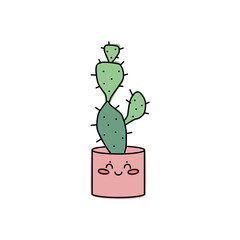 Prickly pear cactus in pot with face. Smiling kawaii plant vector illustration