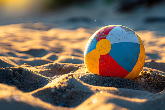 A detailed photo of a beach ball partially buried in the sand, capturing the vibrant colors and textures of the sand grains sticking to it 