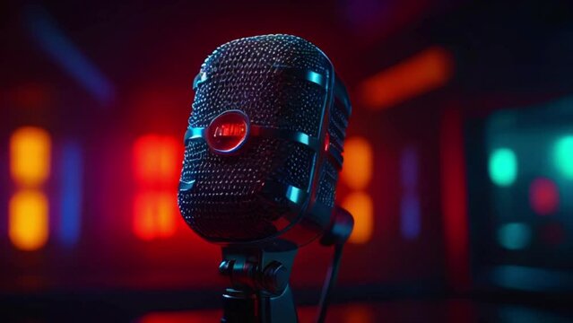 A black microphone with a red button is in the foreground with a blurred background of red, blue, and green lights video