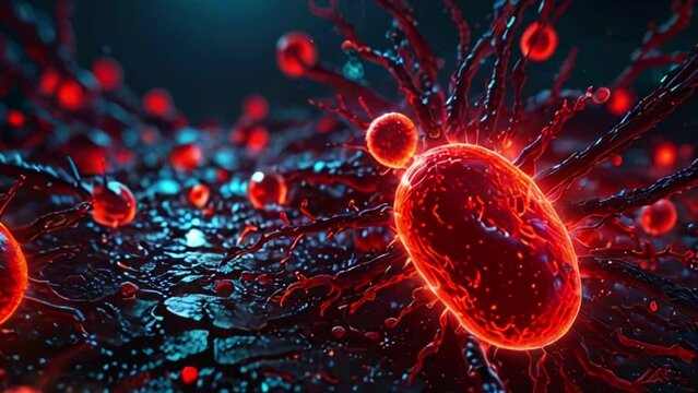 This is a microscopic video of a cluster of red and blue cells. The red cells are round and the blue cells are long and thin.