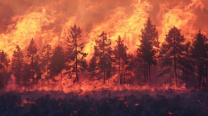 A forest fire is burning through a forest. The trees are blackened and the sky is orange. Scene is one of destruction and devastation