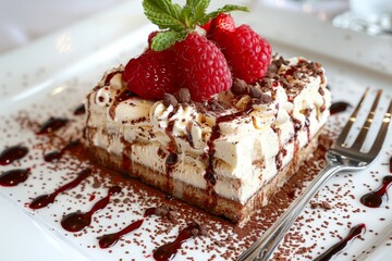 Tiramisu cake with cocoa powder and strawberry topping, served on a white plate, food photography, rich and indulgent dessert option, perfect for satisfying sweet cravings