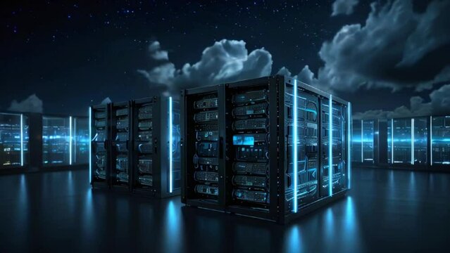 A dark blue background with a glowing blue and black rack server