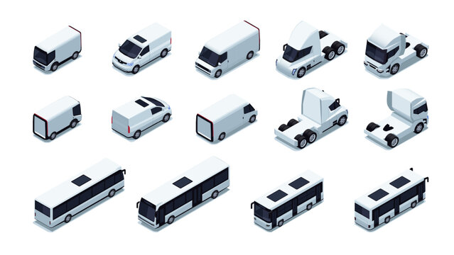 Isometric trucks back and front. Semi-trailer cargo vehicle with container, side and front projections. Heavy transport flat style vector set. Public transport, rental and leasing company