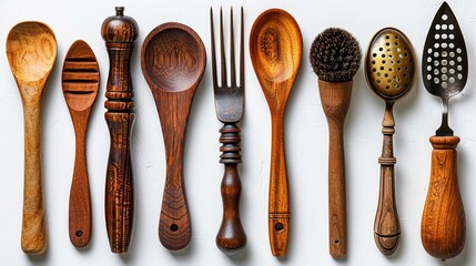 Vintage Wooden Kitchen Utensils on White Background