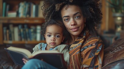 Obraz premium Mother and Child Reading Book at Home
