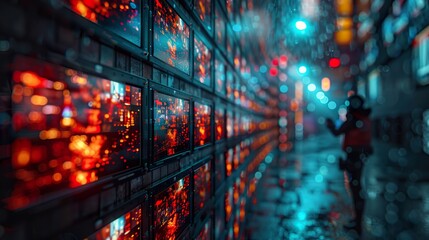 City Street at Night with Neon Lights and Digital Screens