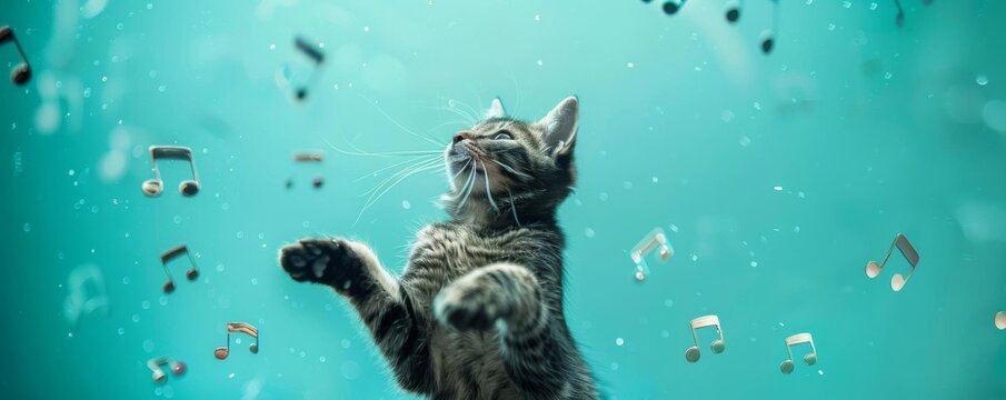 A cat looking up at a school of fish swimming above him.