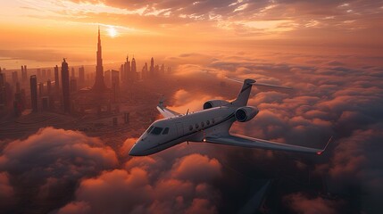 Naklejka premium Private Jet Flying Over Dubai Skyline at Sunset