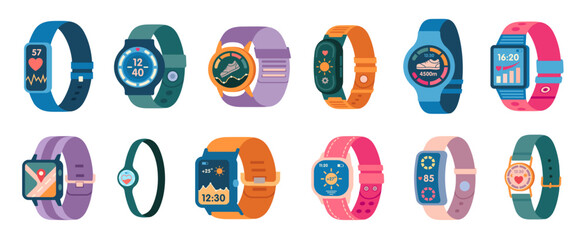 Activity tracker. Smart fitness band with heart rate monitor and step counter, sport wrist watch with application. Vector isolated set