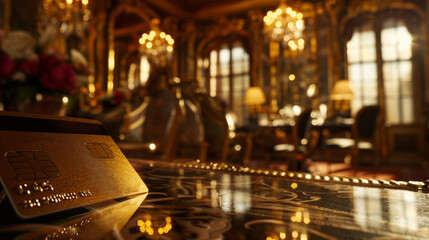 Realistic depiction of a close-up scene featuring a credit card resting on a lavish table, exuding an aura of luxury and exclusivity in a tastefully composed image.