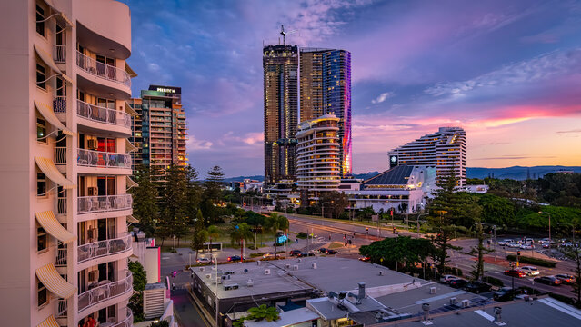 Gold Coast, Queensland, Australia - Jun 09, 2024: Broadbeach star casino and hotels at sunset