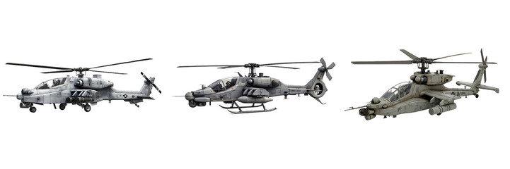 Fototapeta premium Bell AH-1Z Viper attack helicopter isolated on transparent png background. Three different types of military helicopters are shown in a row