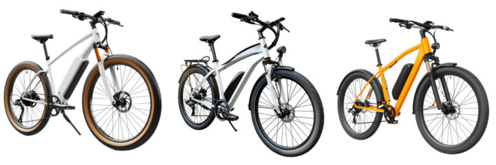 set collection of  modern electric bicycle, battery powered e bike isolated white background