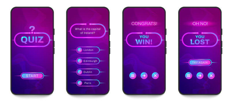 Mobile quiz game interface. Questionnaire template with multiple choice questions, exam test and evaluation app layout. Vector infographic design