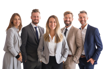 happy successful business team, teamwork and collaboration with employees isolated on transparent background