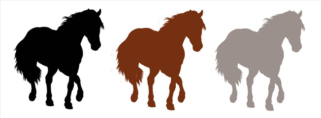 Black, white and brown silhouette of a Thoroughbred. Equine drawing. Beautiful horse vector illustration.