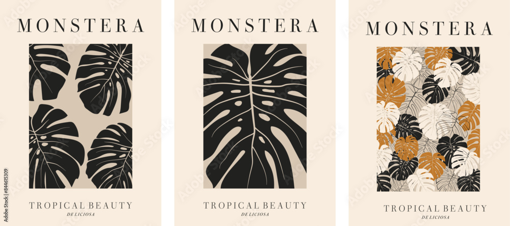 Wall mural Wall art print set. Abstract boho posters with monstera leaves in abstract, minimalist, matisse, botanical style. Poster, postcard, cover, banner design 