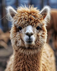 Obraz premium Cute lama face macro shot. Detailed close up portrait of llama fluffy head. Life of pets on farm. Banner for veterinary help. Pet care, animals concept background, poster, print, design card, flyer