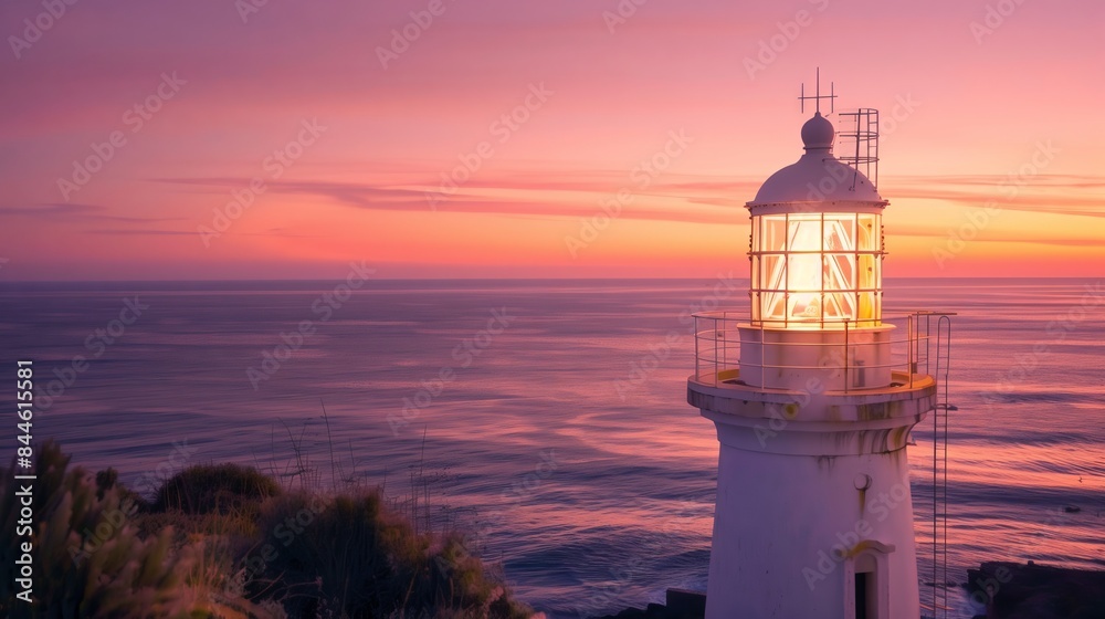 Wall mural an old lighthouse overlooks the sea at sunset, its light glowing as the sky turns pink and orange.