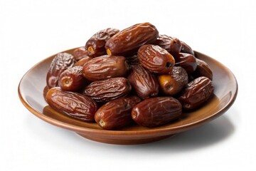 Plate with dried dates for Ramadan on white background

