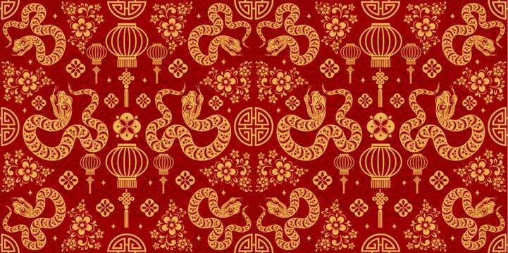Seamless pattern happy chinese new year 2025 the snake zodiac sign with asian elements paper cut style on color background. ( Translation : happy new year 2024 year of the snake )
