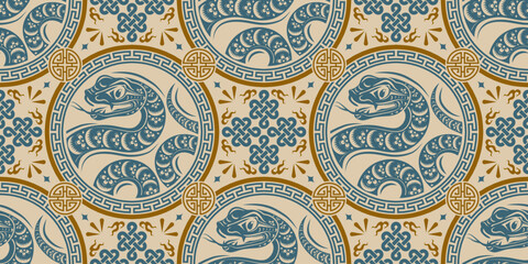 Seamless pattern happy chinese new year 2025 the snake zodiac sign with asian elements paper cut style on color background. ( Translation : happy new year 2024 year of the snake )
