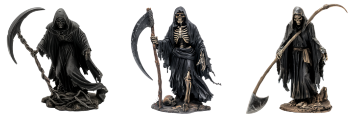 set of grim reaper figurine with a scythe isolated on transparent background