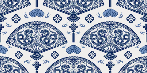 Seamless pattern happy chinese new year 2025 the snake zodiac sign with asian elements paper cut style on color background. ( Translation : happy new year 2024 year of the snake )
