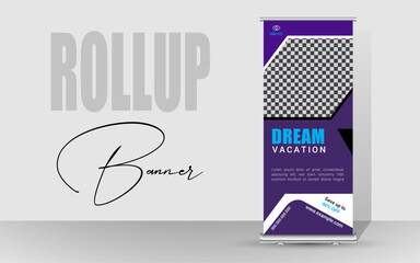 Explore and travel the world with a rollup banner design template. Travel Agency Poll-Up Banner.  Roll-Up Banner Stand Template Design.