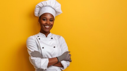 Confident chef in white uniform smiling with crossed arms against a yellow background. Contemporary and professional portrait style. Perfect for culinary, hospitality, and chef-themed projects. AI