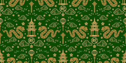 Seamless pattern happy chinese new year 2025 the snake zodiac sign with asian elements paper cut style on color background. ( Translation : happy new year 2024 year of the snake )
