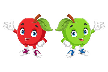 Cartoon cute red and green apple waving