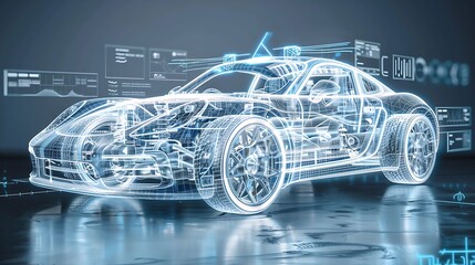 Futuristic Sports Car with Holographic Interface and Neon Lighting, Advanced Cybernetic Concept