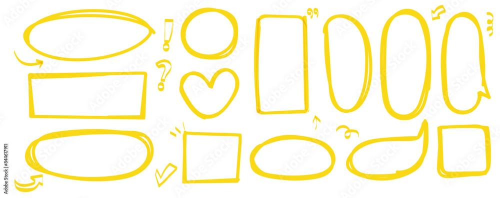 Poster Set of yellow marker highlight. Pen mark line and brush stroke in shape of elipse and heart and speech bubble. Vector underline elements